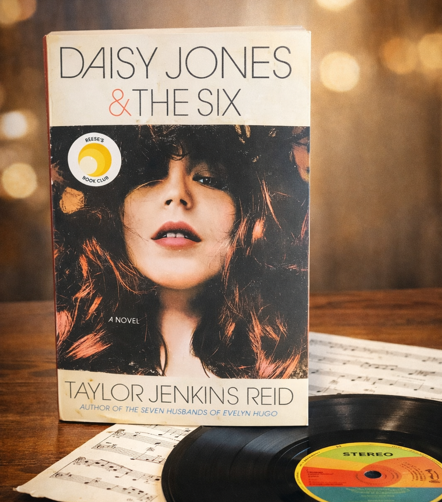 Book cover of Daisy Jones & The Six by Taylor Jenkins Reid, featuring a woman's face. A vinyl record and sheet music in the background.
