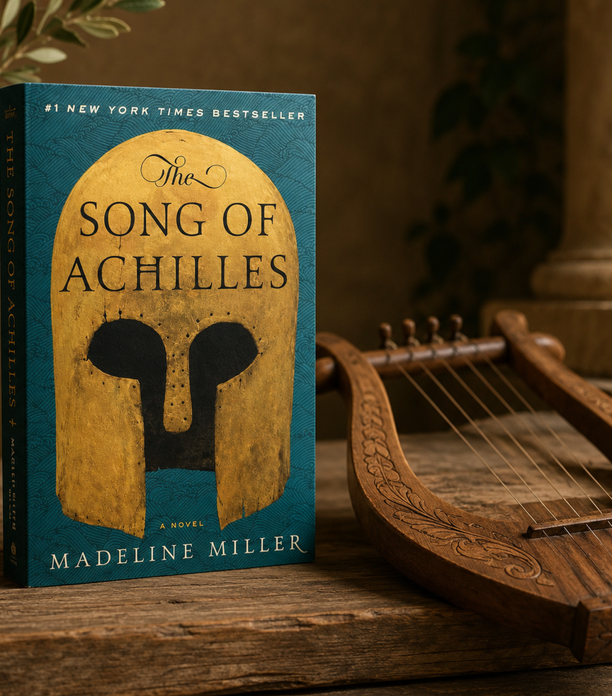 The Song of Achilles book cover beside a wooden lyre on a rustic table, with warm Greek-inspired decor.