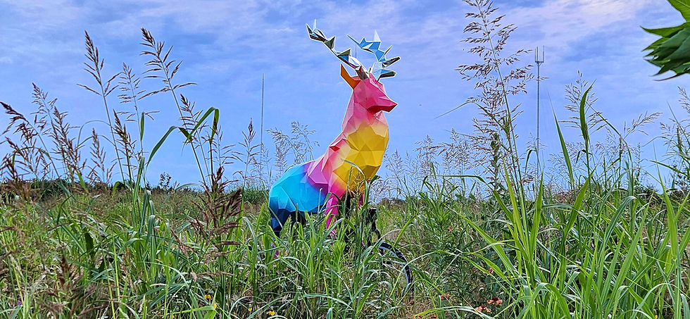 Whimsical mobile herd of Scooter Deer sculptures. Engineered with fiberglass and internal stainless steel structures for outdoor resilience. Designed for easy repositioning across an 18-acre campus to provide an evolving creative experience for youth.