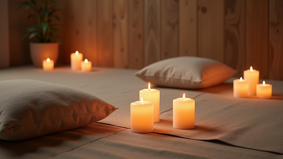 High angle view of a peaceful meditation space with candles and cushions