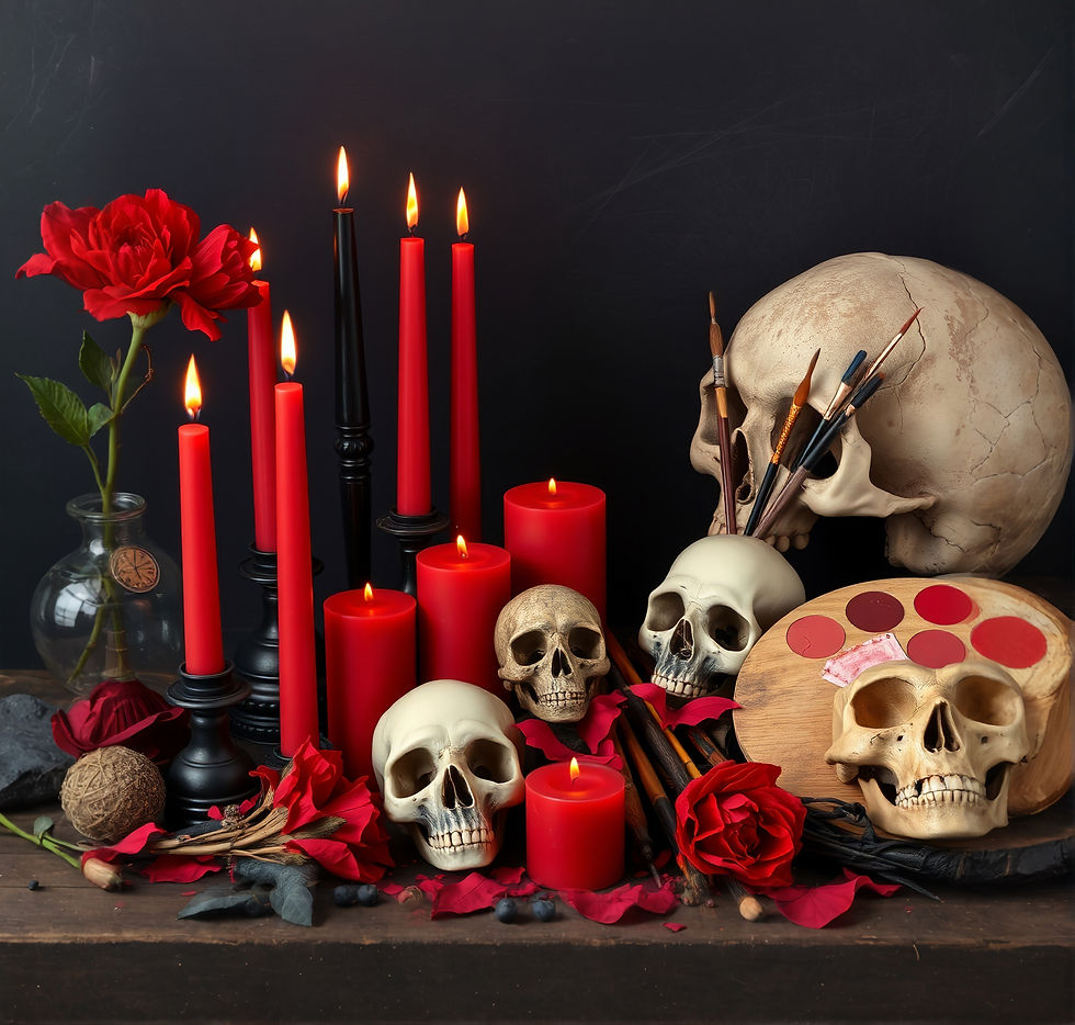 red, black, gray, with lots of candles, dried red flower, paint brushes, wooden paint pale