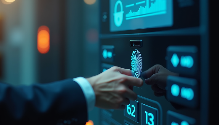 Vista frontal de un sistema de autenticación biométrica en uso