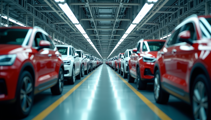 Vista aérea de planta de fabricación de automóviles con líneas de ensamblaje