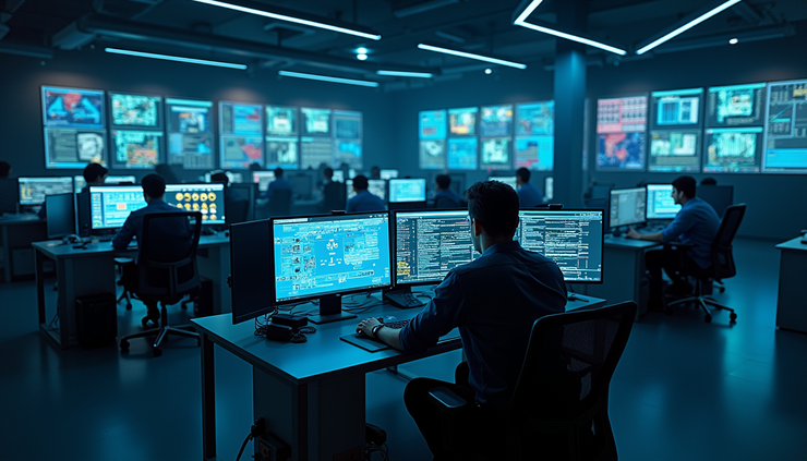 Vista aérea de un centro de operaciones de ciberseguridad con múltiples pantallas y operadores