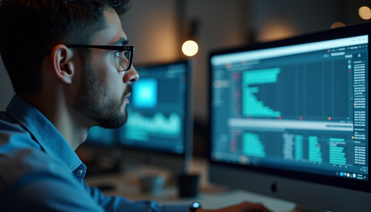 Vista lateral de un ejecutivo revisando alertas de seguridad en pantalla