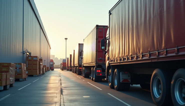 Vista lateral de camiones de transporte cargando mercancías en centro logístico