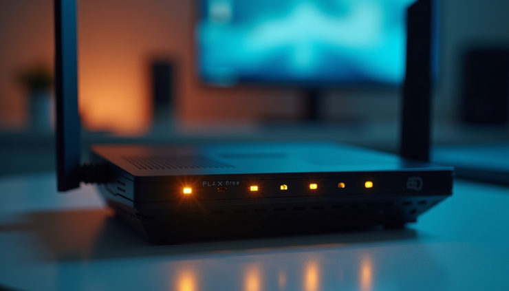 Vista frontal de un router moderno con luces indicadoras encendidas