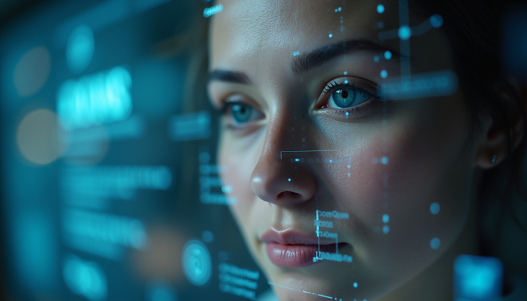 Vista frontal de pantalla de videollamada con rostro digital manipulado