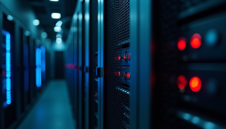 Vista frontal de un servidor con luces LED encendidas en un centro de datos