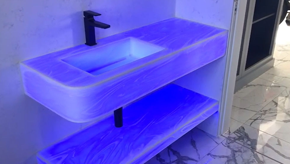 Backlit bathroom display using RGB Auragami for a dynamic lighting effect in high-end interiors