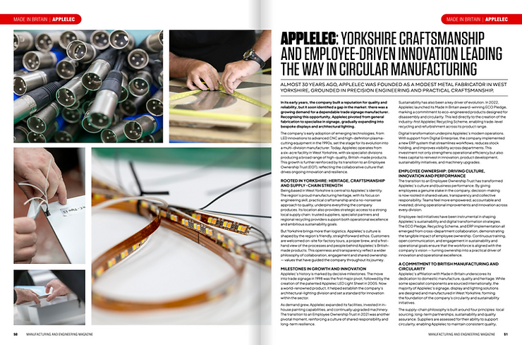 Applelec manufacturing and lighting solutions including LED Light Sheet and bespoke fabrication featured in industry publication