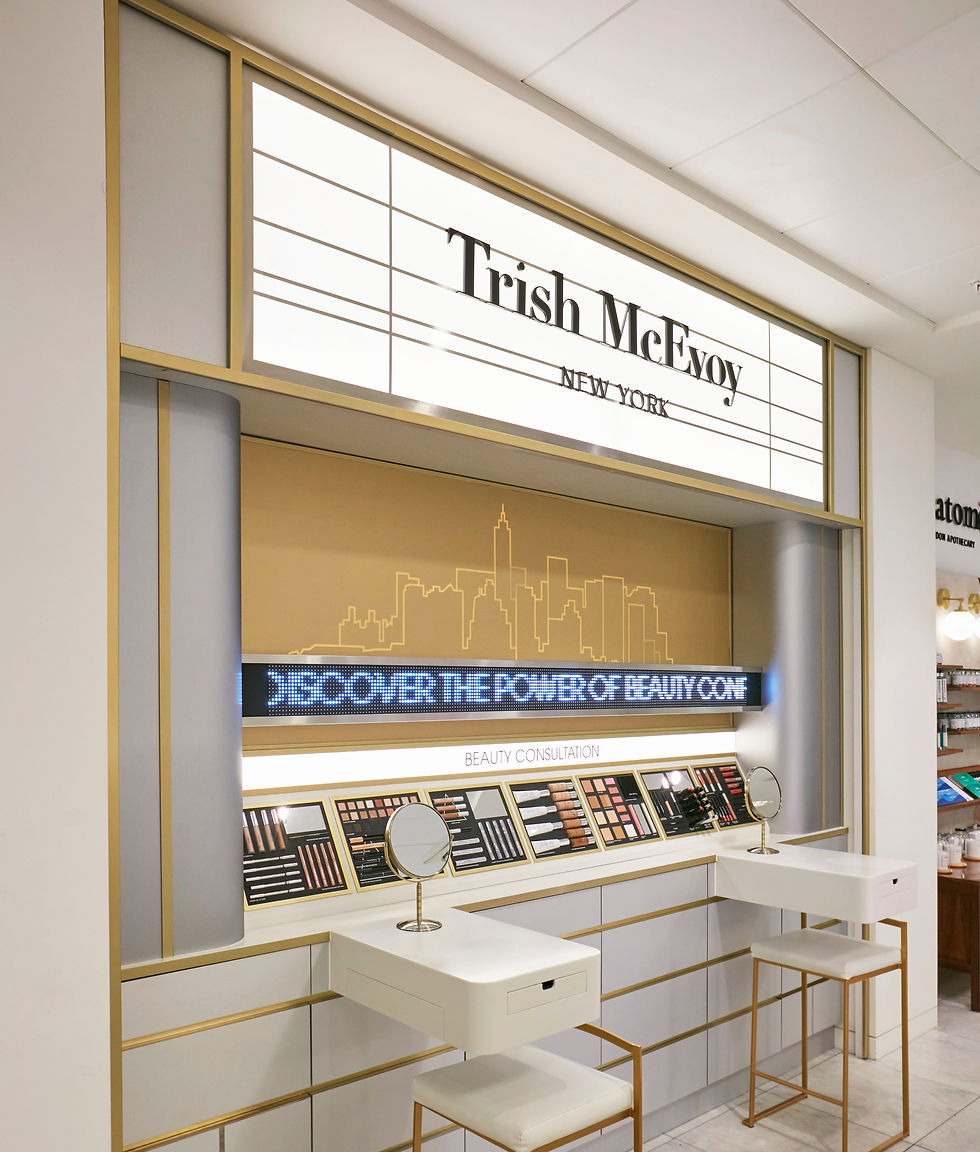 Applelec Projects stencil cut decorative sign tray with New York skyline detail for Trish McEvoy retail space