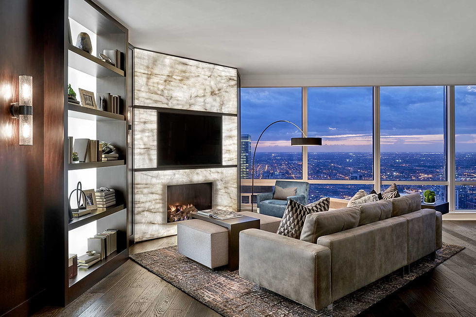 Auragami illuminated fireplace and media wall