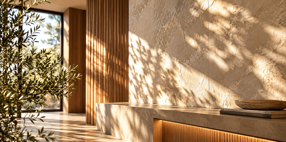 Natural sunlight casts organic shadows across textured stone and timber surfaces, illustrating light and variation in biophilic interior design.