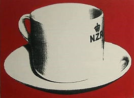 Print of black and white cup and saucer on deep red background for People, Places & Things exhibition at Millennium Art Gallery.
