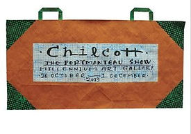 Curly text promoting exhibition painted onto paper bag cut and flattened by Gavin Chilcott for his solo exhibition The Portmanteau Years.