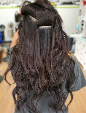 two rows of dark brown invisible bead hair extension Ego Salon Vermont. Ego Salon.