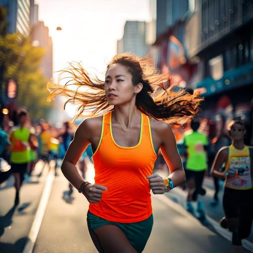 Firefly A woman running a marathon with energy and determination. She has long, wavy hair 