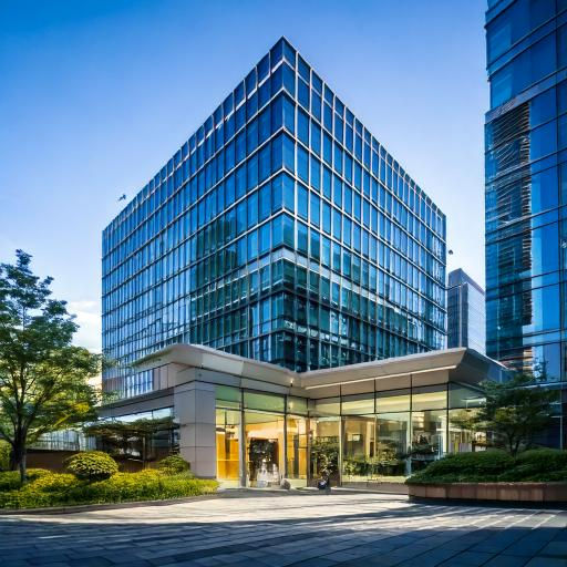 Firefly -A realistic scene of a modern Japanese office building in an urban setting. The b