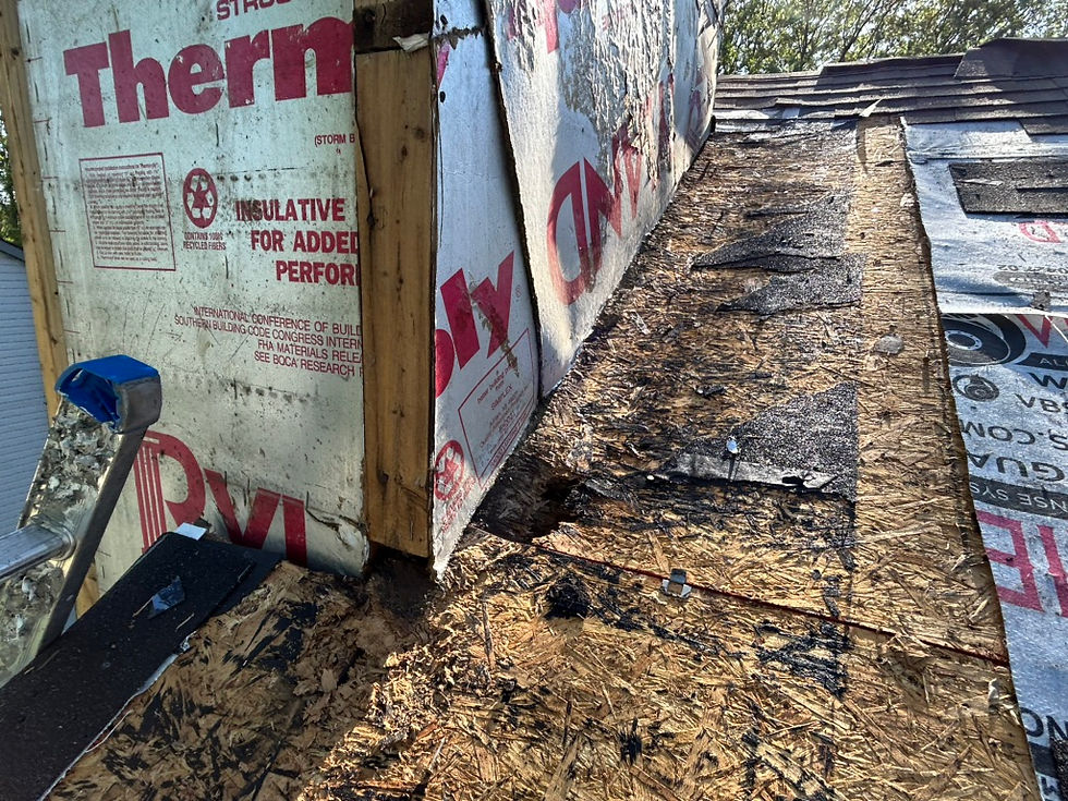 Exposed roof decking during a tear-off revealing severe wood rot and structural water damage along a sidewall.