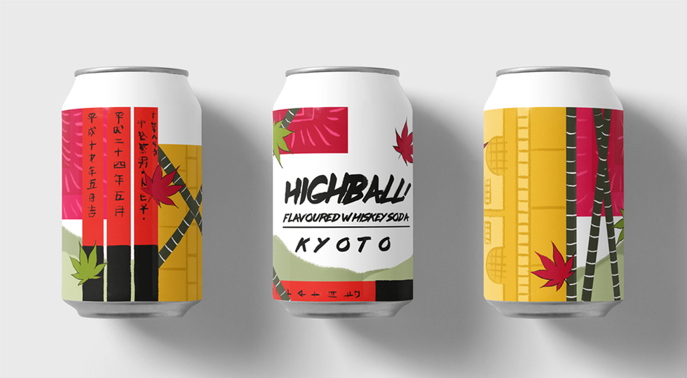 Highball Japanese whisky soda branding featuring Kyoto can packaging, illustrated Japanese city-inspired graphic design.