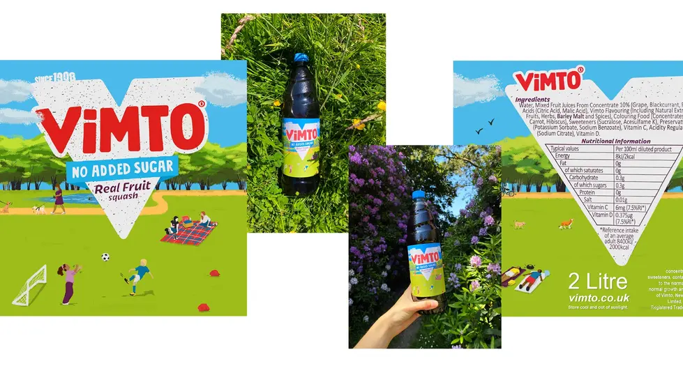 Vimto packaging and bottle with colorful, playful design.