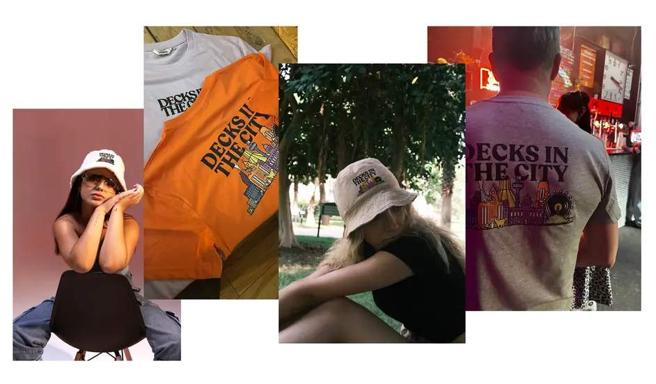 Collage of people wearing "Decks in the City" apparel.