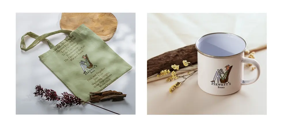 Image of Tote bag and mug for hewitts books brand project