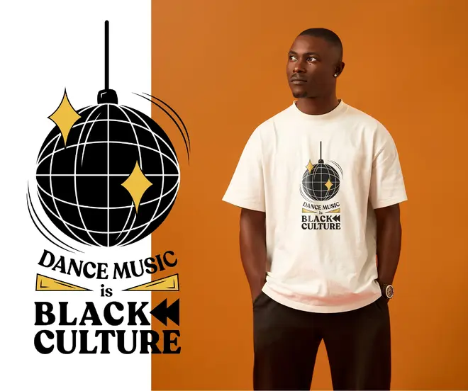 Man wearing a "Dance Music is Black Culture" shirt.