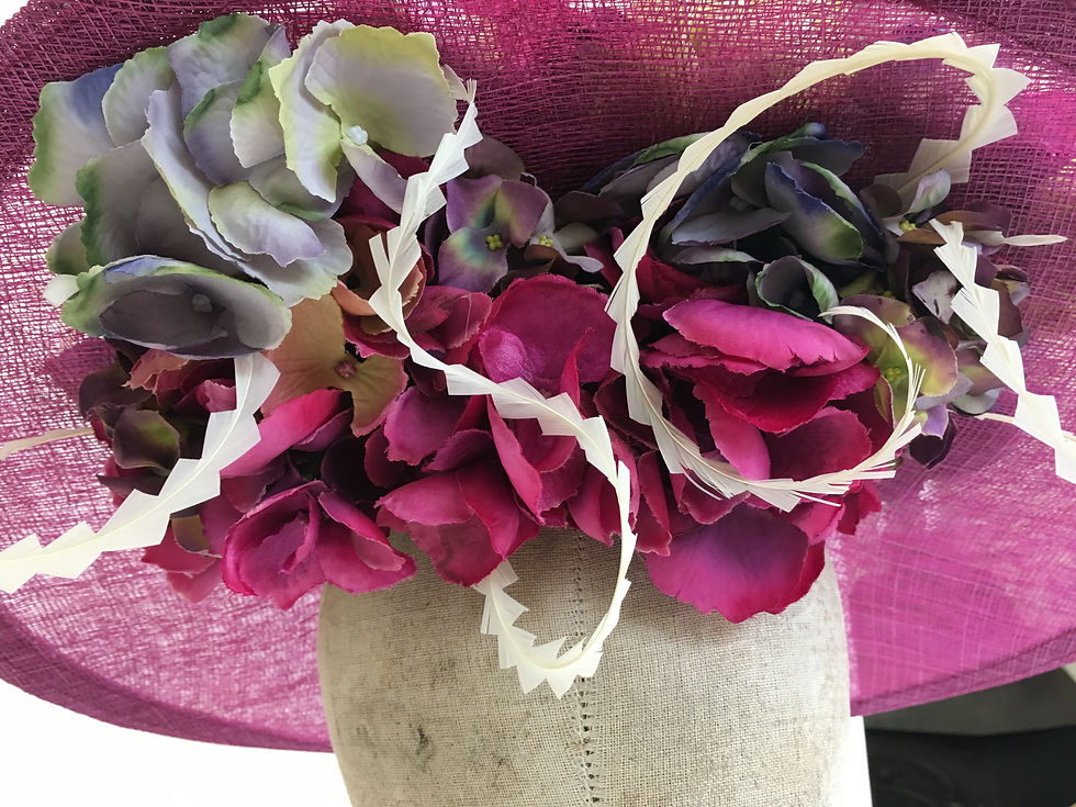 Thumbnail: Large Magenta Saucer with Multicoloured Hydrangea Flowers Feather Curls