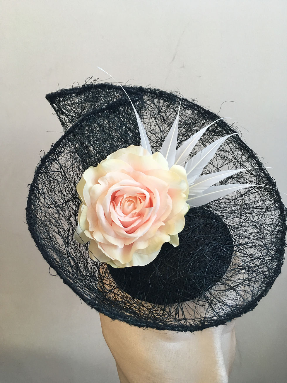Thumbnail: Zephyr Black Tangle Sinamay with pink rose and white arrow feathers