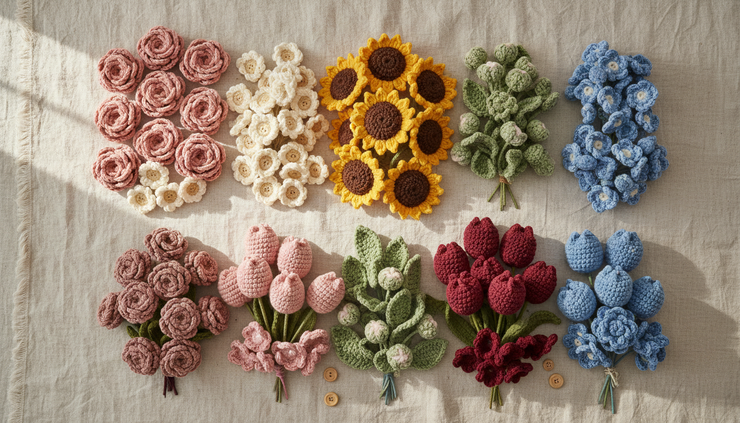 Top-down view of crochet flowers sorted by colour on a fabric surface.