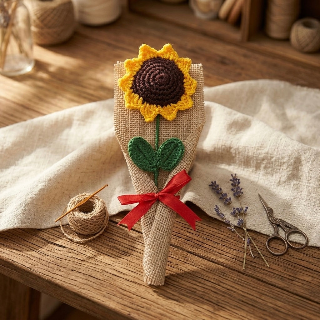 Crochet Sunflower Stick with Jute Wrap