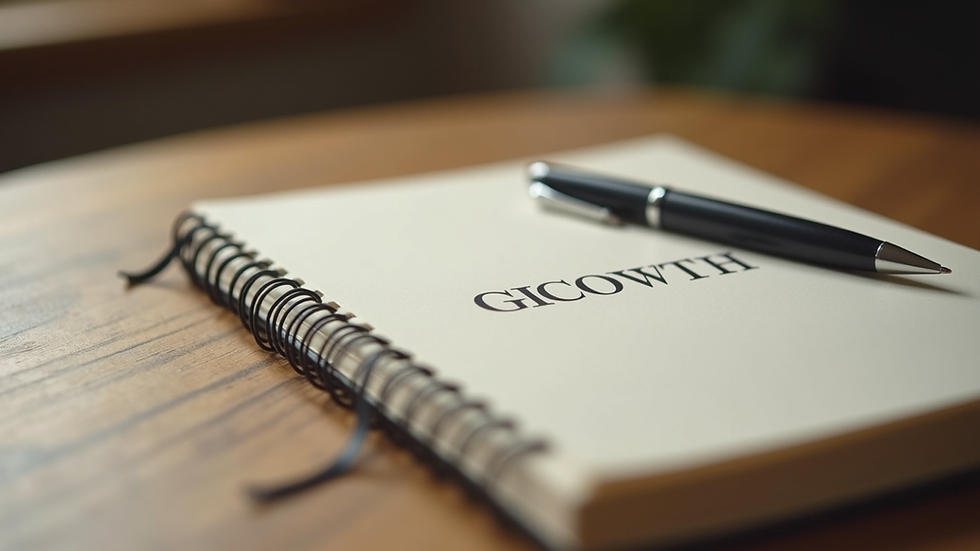 Close-up view of a journal and pen on a wooden table, symbolizing reflection and growth