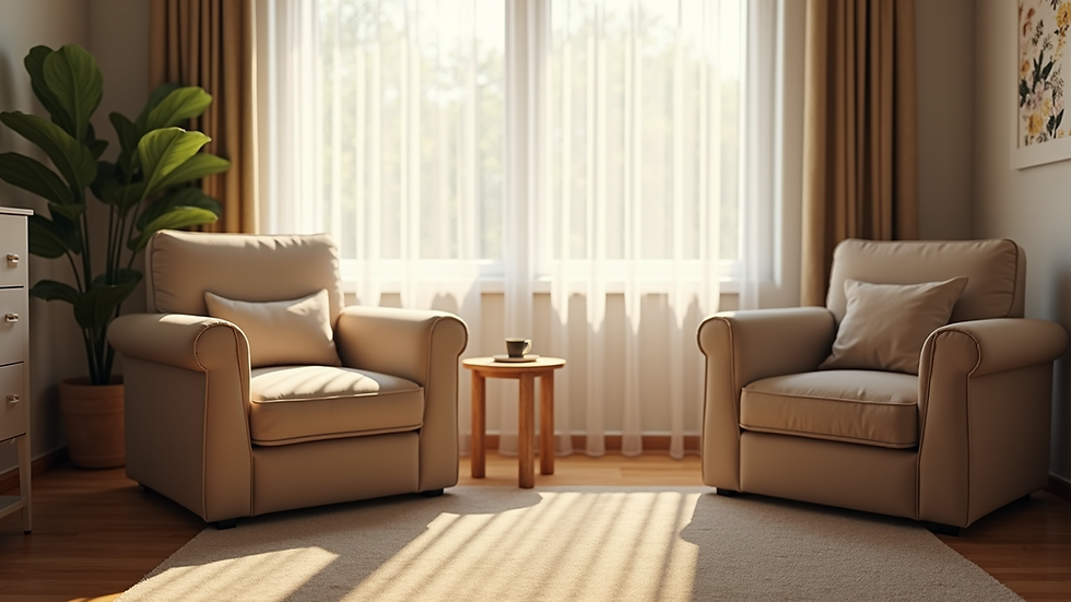 Eye-level view of a cozy therapy office with a comfortable chair and soft lighting