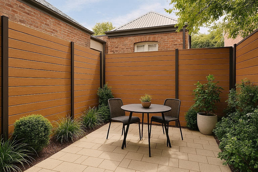 Composite timber-look privacy screens in an Abbotsford townhouse courtyard
