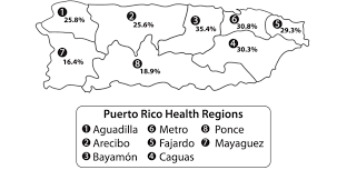 Puerto Rico island silhouette map showing regional stroke imaging decisions and centralized procedural care in an island healthcare system