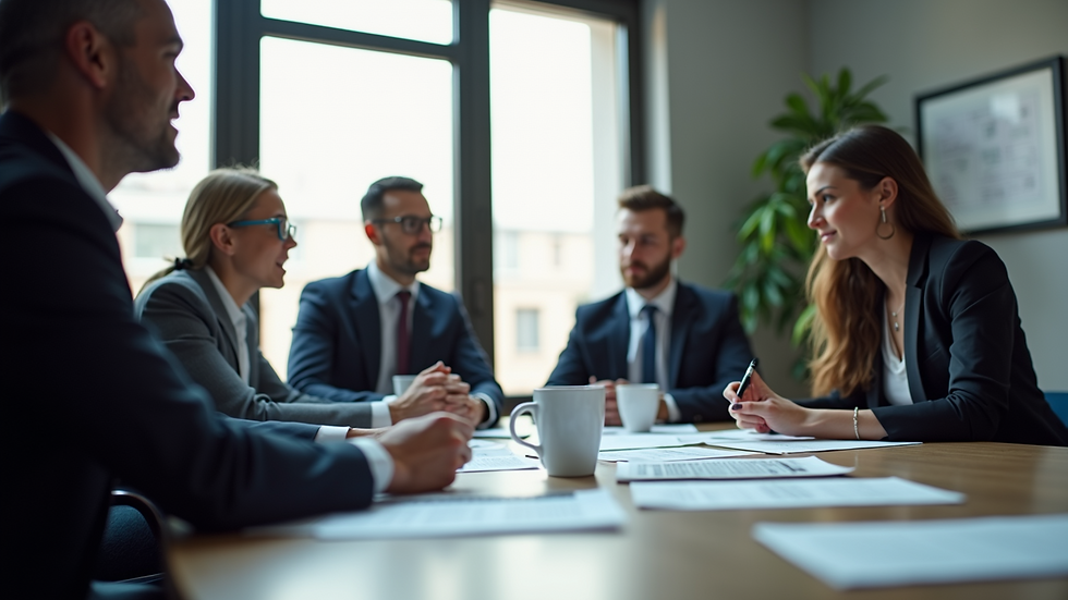 Close-up view of a business team discussing strategy around a conference table