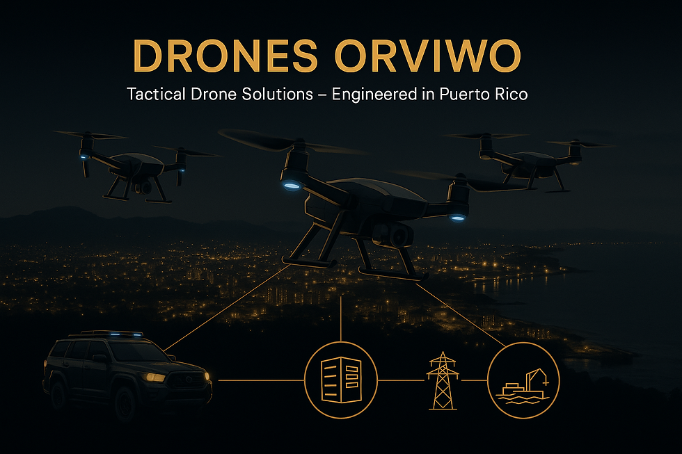 ORVIWO tactical drones flying at night over a coastal Puerto Rico city, connected to a patrol vehicle, data center, power grid and coastal facility icons.