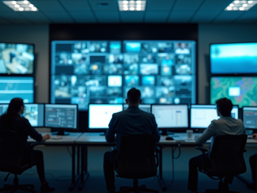 Security operations center showing multiple live camera feeds and system dashboards used for centralized monitoring and rapid incident response.