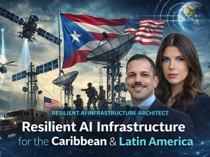 ORVIWO banner featuring Jan Ortega and Anastasiia with Puerto Rico and U.S. flags, satellite communications, tactical vehicles, and resilient AI infrastructure imagery for the Caribbean and Latin America.