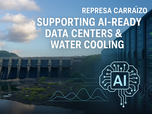 "Represa Carraízo in Puerto Rico next to a modern AI data center, illustrating how the reservoir supports water-cooling infrastructure for AI-ready data centers, GPU clusters, and mission-critical digital operations across the Caribbean and the Americas."