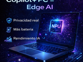 Gráfico de ORVIWO que muestra una laptop con un chip NPU resaltado y los textos “Privacidad real”, “Más batería” y “Rendimiento IA”, representando Copilot+ PC como Edge AI en el borde.
