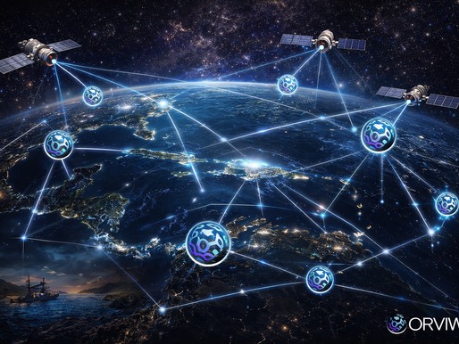 ORVIWO Quantum Grid™ global node network illustrating distributed AI infrastructure connecting satellites, edge computing nodes, and operational systems with Puerto Rico positioned as a strategic hub for resilient island infrastructure.