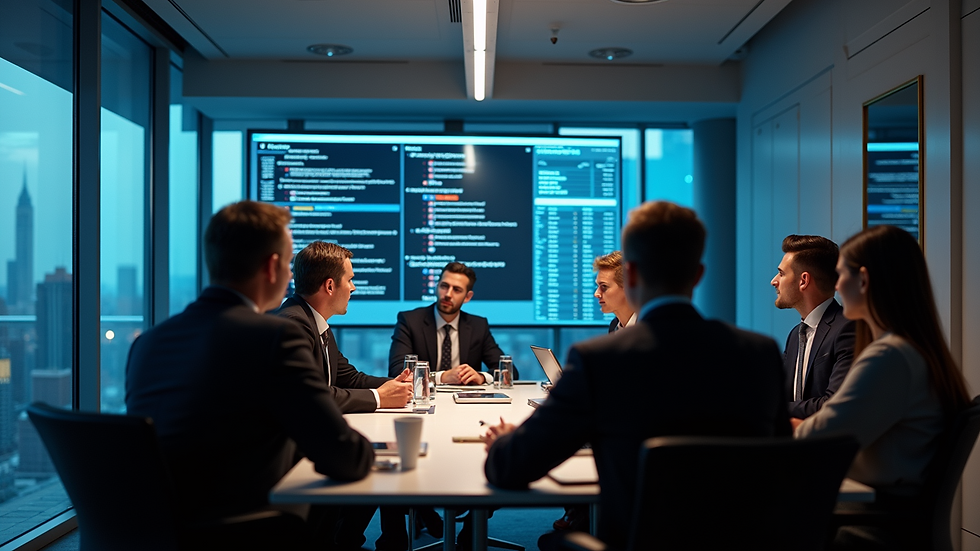 High angle view of a business meeting discussing cybersecurity strategies