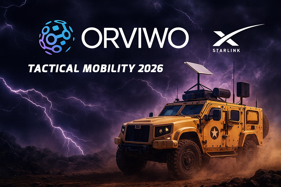 ORVIWO Tactical Mobility 2026 vehicle with Starlink satellite connectivity, rugged communications hardware, and mission-ready technology operating in a storm environment.