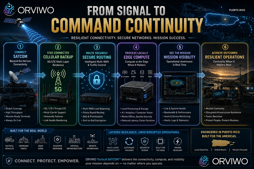 ORVIWO infographic titled From Signal to Command Continuity showing SATCOM, cellular backup, secure routing, edge compute, mission visibility, and resilient operations for tactical vehicles and command posts.