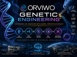 ORVIWO Genetic Engineering™ featured image illustrating DNA, gene expression, protein function, cellular systems, biological intelligence, AI-powered genomic discovery, biosafety, AIRTDC™ research infrastructure, TacticalAI™, and the Quantum Grid™ distributed research network.