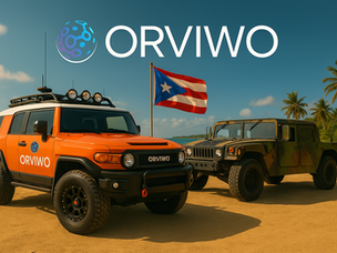 ORVIWO Tactical Command Vehicle and military Humvee on a Puerto Rican beach with the national flag, representing 5G connectivity and tactical innovation.