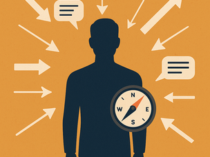 Ilustración de ORVIWO NTI: silueta de una persona rodeada de flechas y mensajes de presión social, con una brújula en el pecho que simboliza el propósito táctico y la brújula interna.